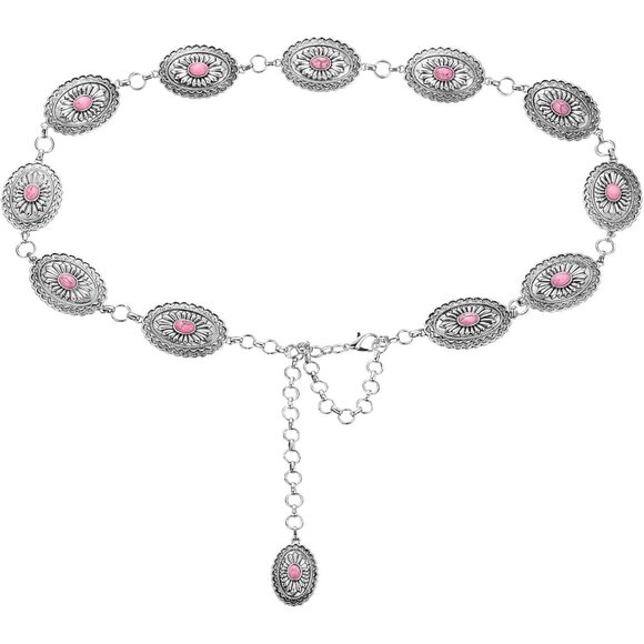 Women Pink Western Concho Chain Oval Round Flower Adjustable Metal Belt
